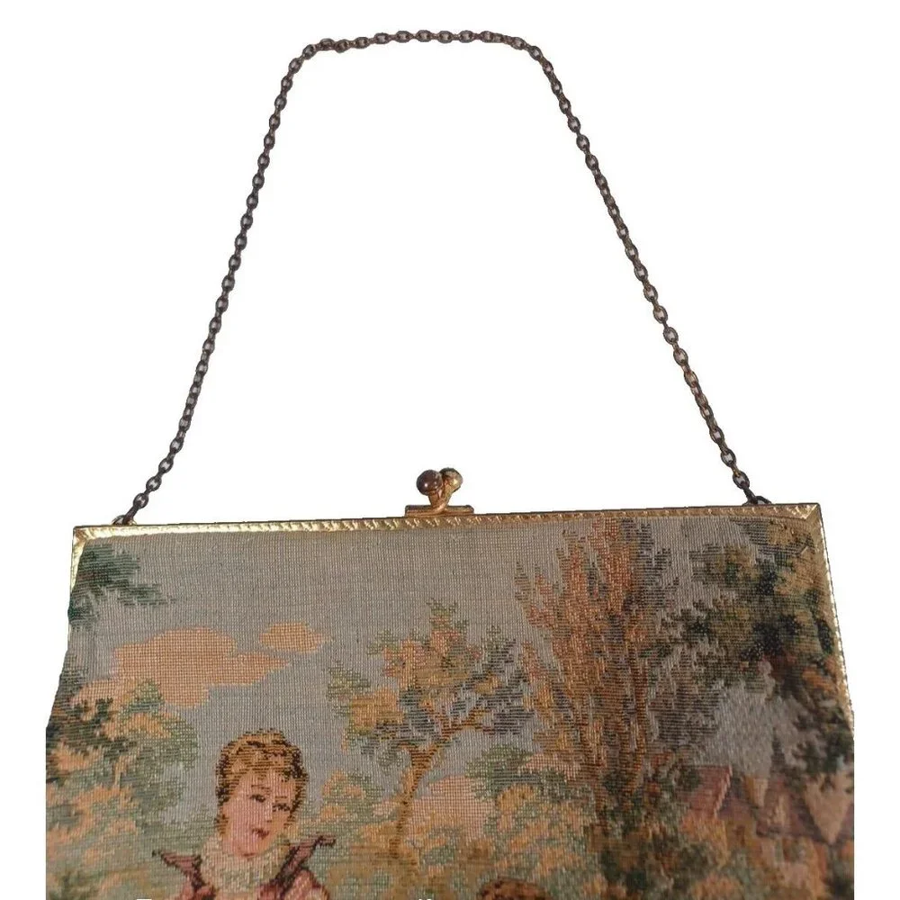 Antique Aubusson Victorian Tapestry Purse Romantic Couple Kisslock Handbag - Picture 8 of 11